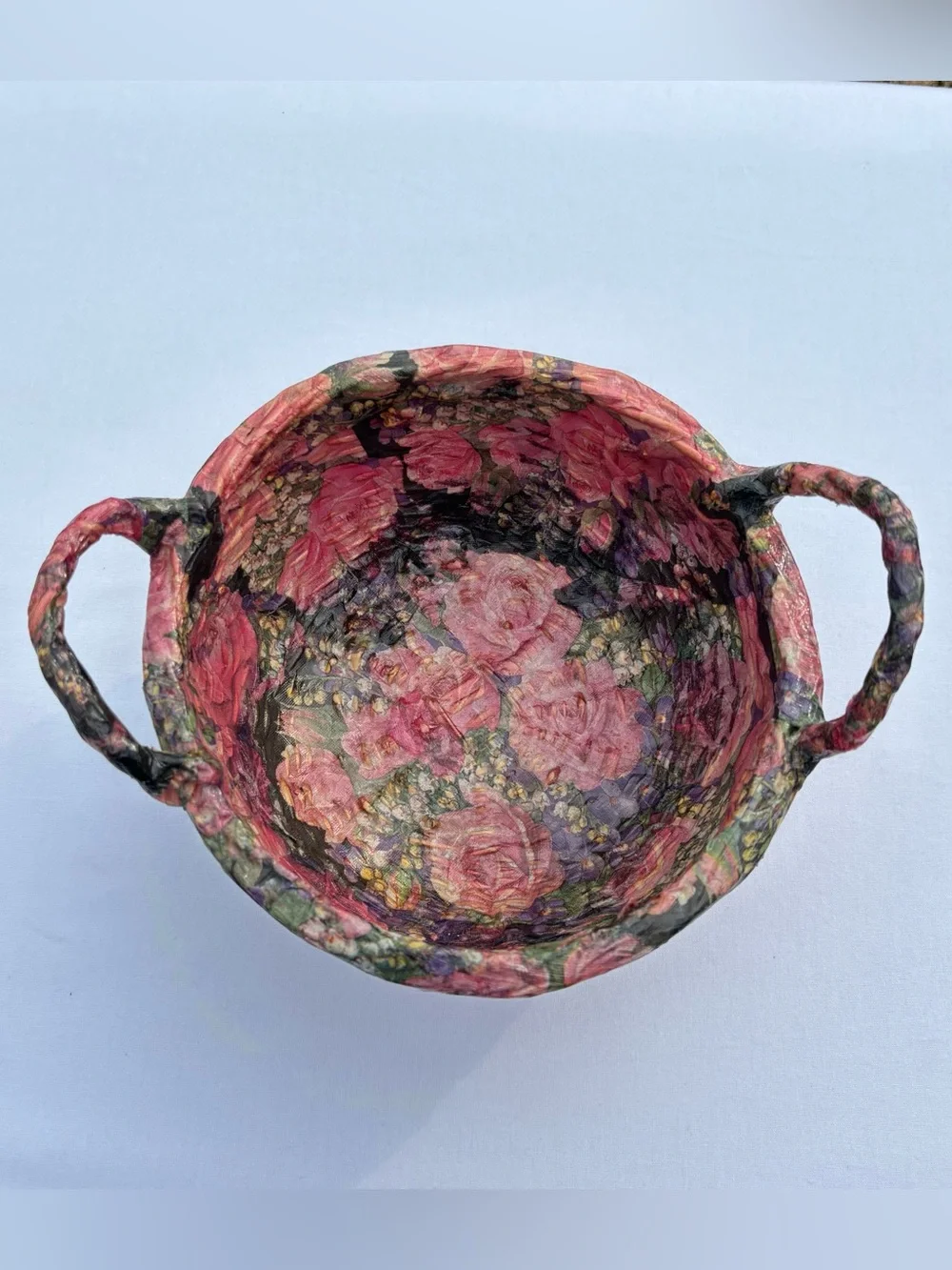 Vtg Handmade Decoupage Woven Basket Floral Catchall Bowl Pink Cottagecore Shabby